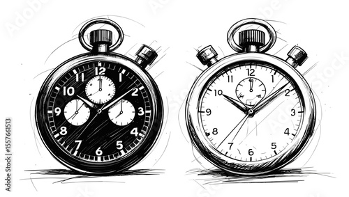 Two detailed sketch style stopwatches with contrasting faces and visible numerals