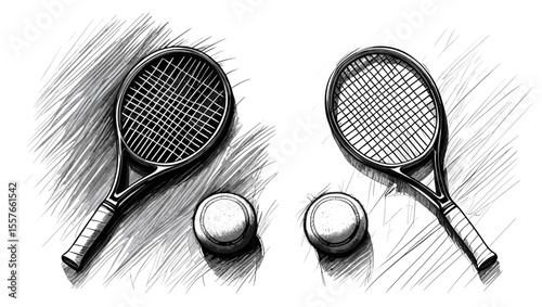 Two tennis rackets with tennis balls in a monochrome sketch style illustration art