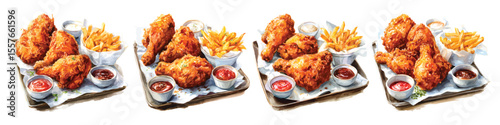 Set watercolor crispy fried chicken with fries and dipping sauces on trays isolated on transparent background