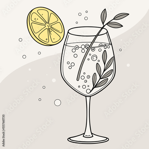 Sparkling Water with Lemon Slice and Gray Leaves in a Clear Wine Glass on a Light Beige Background lime