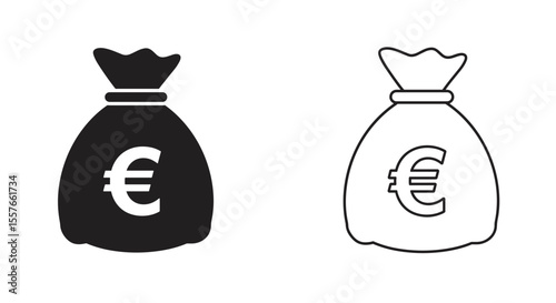 Two bags of money with euro sign, one black and one outline, on a white background