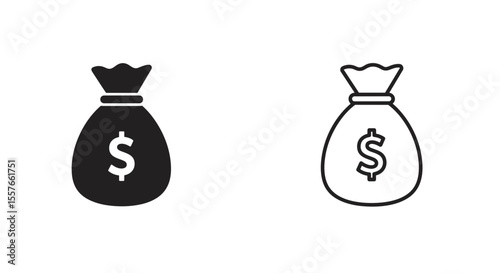Two money bags with dollar signs, one solid black and one outlined in black color