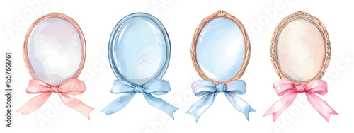 Set watercolor oval mirror frames with decorative ribbon bows isolated on transparent background