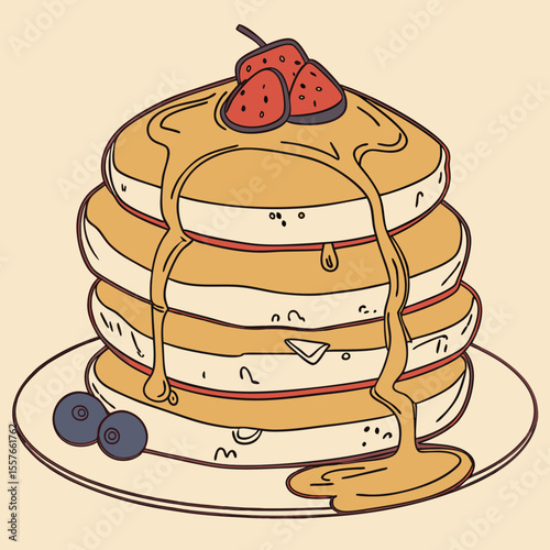 Stack of Golden Brown Pancakes Drizzled with Syrup Topped with Strawberries and Blueberries on a Plate