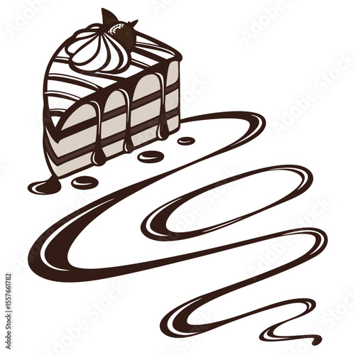 Brown Chocolate Sauce Swirl Dripping on a Piece of Layered Cake with White Cream Topping vector