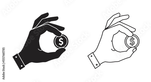Two hands holding dollar coins one in black fill and the other in black outline style