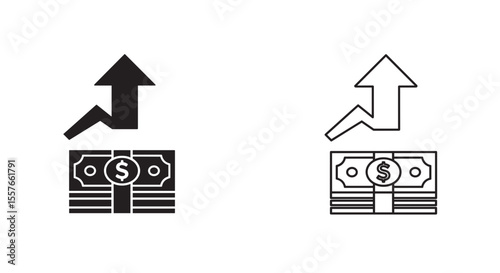 Illustration of money stacks with upward arrows in black and white outline style