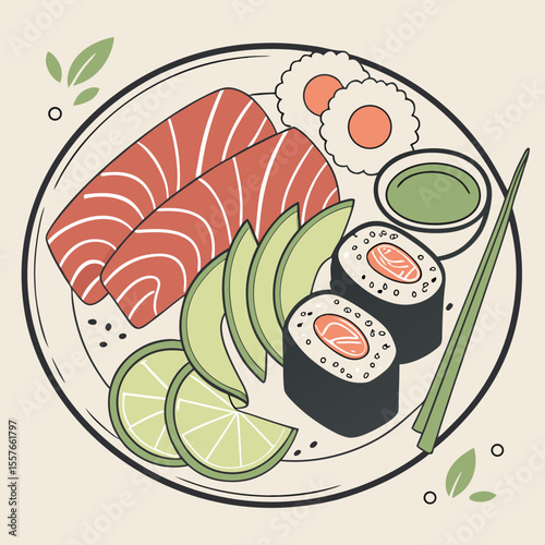 Top view illustration of a beige plate with salmon sushi two maki rolls avocado lime slices wasabi and chopsticks