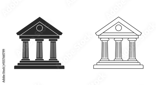 Illustration of two courthouse buildings one in black and one in outline style design