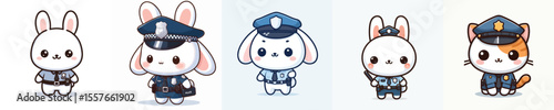 cute rabbit dressed as police icon set