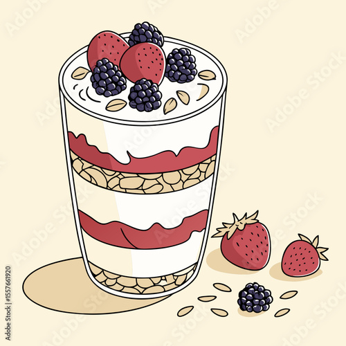 Layered Yogurt Parfait with Strawberries Blackberries and Oats in Glass Creamy Dessert Healthy Breakfast Food Illustration