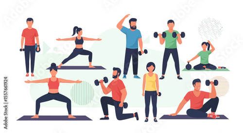 Diverse group exercising with dumbbells and yoga mats in various poses.
