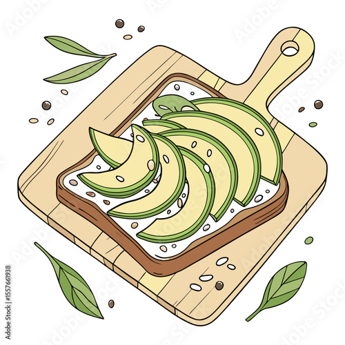 Avocado Toast on Wooden Cutting Board with Green Leaves and Spices Illustration avocado slices bread