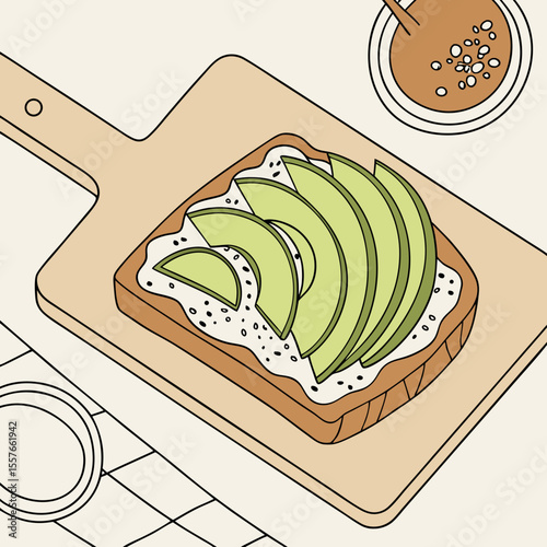 Avocado Toast on Beige Wooden Cutting Board with Brown Sauce and Seeds in Bowl bread