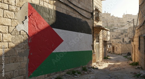 Palestinian flag painted on a brick wall in a narrow alleyway within a Middle Eastern town.