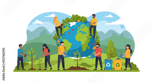 Diverse group nurturing Earth planting trees watering and recycling.