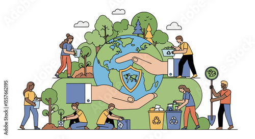 Diverse group of people engaged in environmental conservation activities around the Earth.