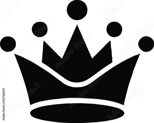 Isolated black crown with five peaks and five circles on a light gray background in a simple vector style