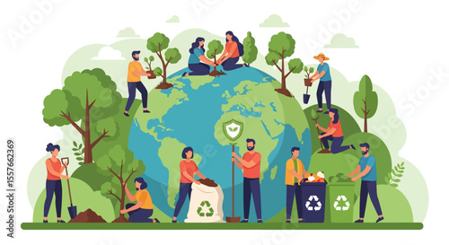 Diverse group of people planting trees and recycling on Earth illustration.