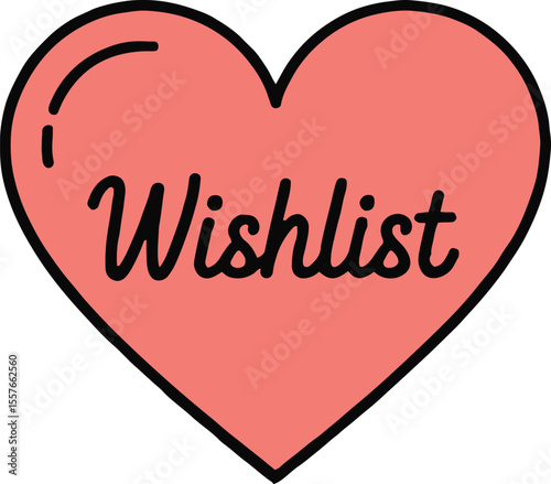 A pink heart with a black outline containing the word wishlist in black cursive on a gray background