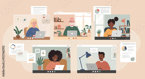 Diverse group of people video conferencing with laptops in individual frames.