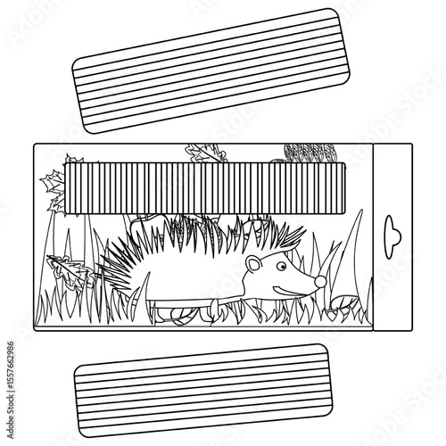 Vector coloring page with modeling clay set in autumn theme box with hedgehog and leaves. School art supplies for kids creativity. For entertaining kids activity, back to school black and white design