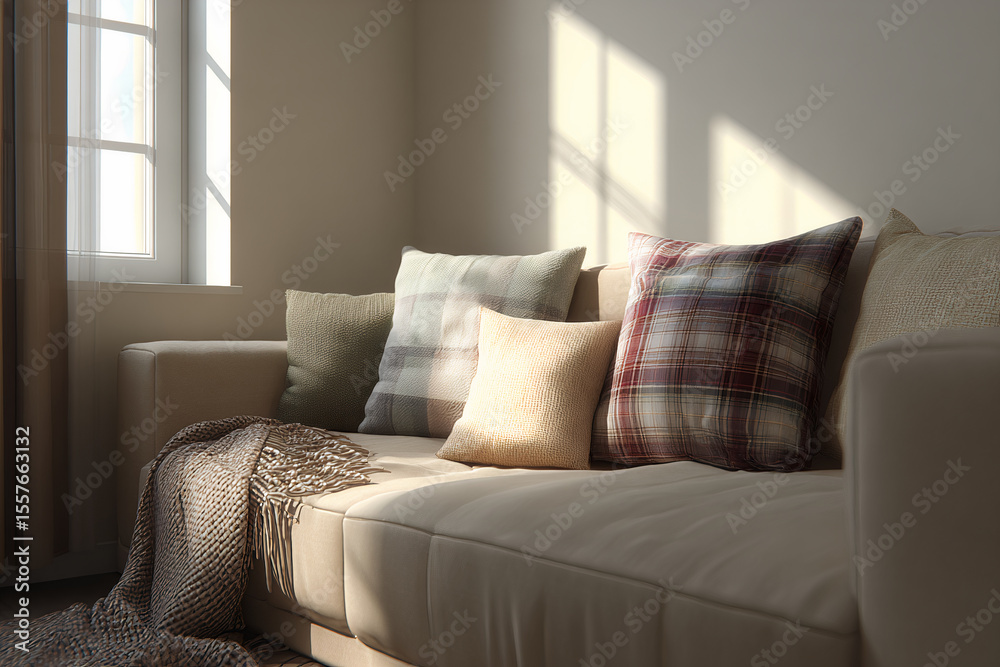 Fototapeta premium Cozy living room with sunlight highlighting decorative cushions and blanket Generative AI