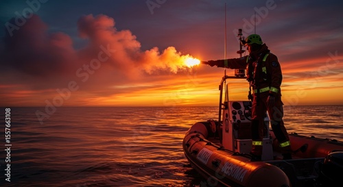 Coast guard officer fires a flare gun at sunset from a rescue boat, dramatic sky.