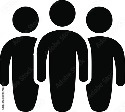 Three black silhouette figures standing together on a gray background in a simple flat design style