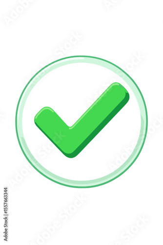 Green 3D check mark icon in a glossy circle. Vector success symbol for approval, validation, and confirmation. Correct, yes, and ok button isolated on white for web or app UI.