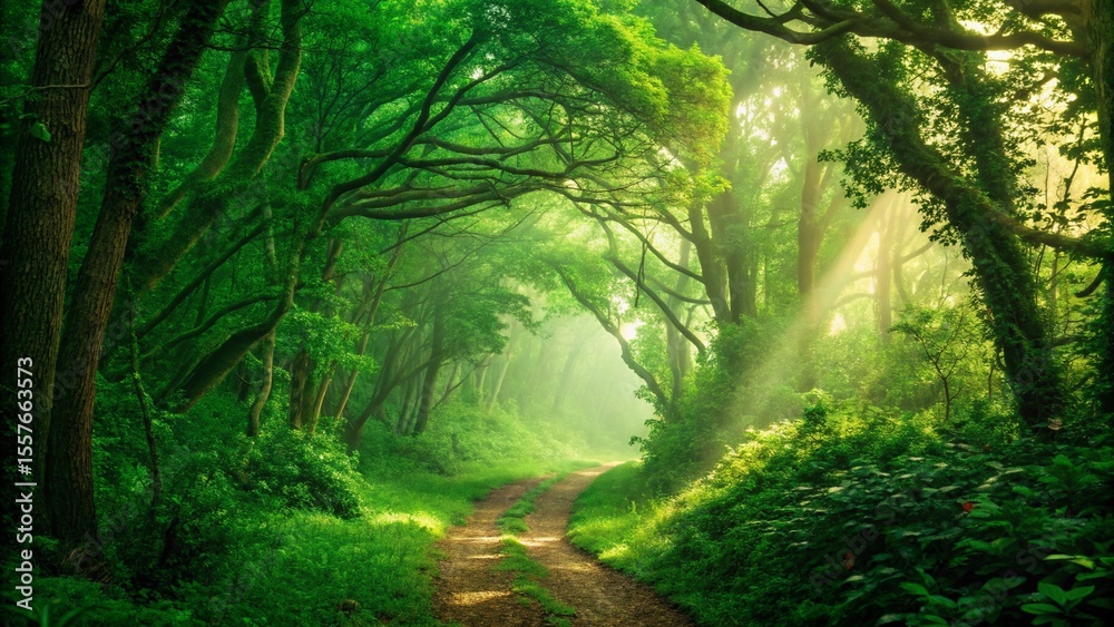 Fototapeta premium Sunlit Path Through Lush Green Forest: Mystical, Serene, and Tranquil Nature Scene