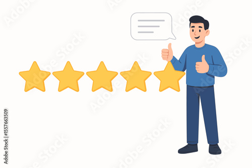 Man giving five star rating for customer satisfaction. Happy client with thumbs up leaving positive feedback. Concept of evaluation, service review, quality score, and success.