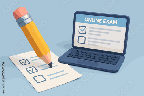 3D pencil completing an online exam on a laptop and checking a list on a form. E-learning and distance education concept. Student test, survey, or questionnaire illustration.