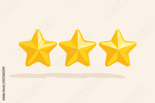 Realistic 3D three stars icon for quality rating. Golden yellow glossy star symbols for customer review, feedback, and service evaluation. Vector illustration of achievement.