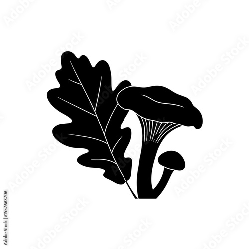Forest mushrooms with oak leaf black silhouette for eco design