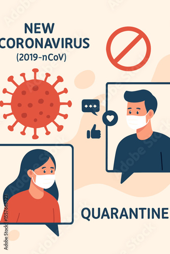 Online communication during Coronavirus pandemic. People in masks on video call. Quarantine, social distancing, 2019-nCoV prevention concept. Covid-19 health awareness vector poster.
