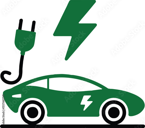 Green electric car icon with charging plug and lightning bolt symbol on a white background design element