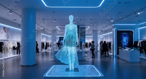 Futuristic fashion retail store showcasing a holographic dress on a mannequin, with customers browsing.