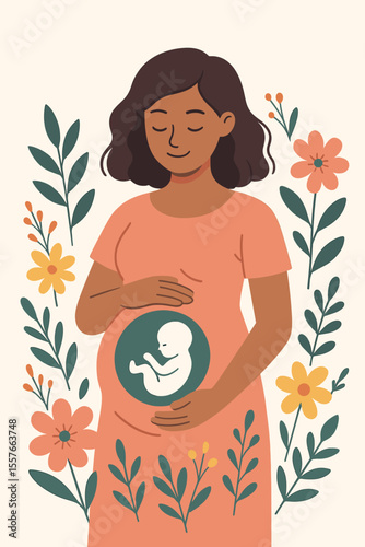 Motherhood concept illustration. Serene pregnant woman holding her belly showing a fetus in the womb. New life, maternity, love, fertility, and prenatal care. Floral design vector.