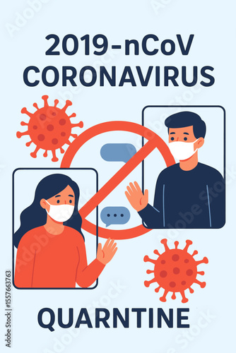 Coronavirus quarantine and social distancing poster. Man and woman in face masks on phone screens. Forbidden communication sign to stop COVID-19 virus spread. Pandemic isolation.