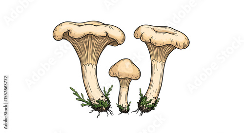 Beige forest mushrooms with grass watercolor style for food design