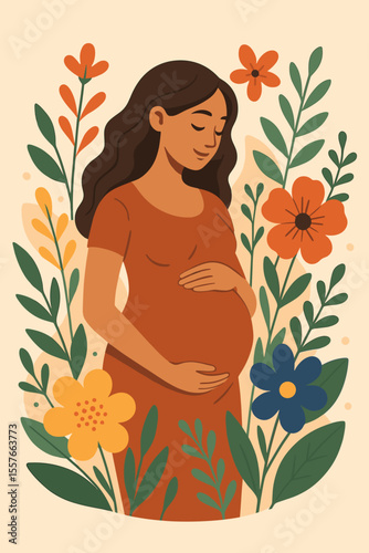 Beautiful serene pregnant woman tenderly holding her baby bump surrounded by blooming flowers. Maternity, motherhood, and new life concept. Expectant mother vector illustration.