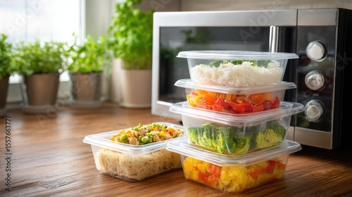 Stack of ready-meal containers placed in front of a compact stainless steel microwave