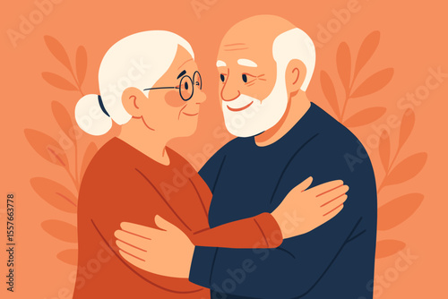 Senior couple in love, elderly man and woman embracing. Happy grandparents hugging. Concept of romantic relationship, family values, companionship, retirement life, healthy aging.
