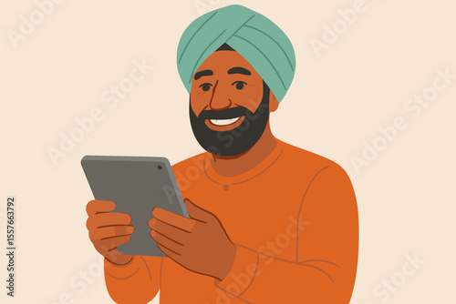 Smiling Indian man wearing a turban holding a digital tablet. Happy Sikh character using modern technology. Vector illustration for business, connectivity, and online communication.