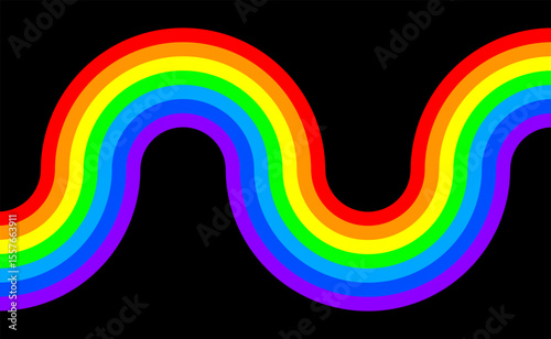 Abstract color line rainbow shapes on black background. Fun rainbow colored wavy ribbons. 3D wave squiggle shape - vector