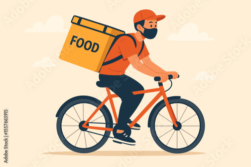 Bicycle courier express food delivery service. Man on bike with thermal bag delivering online order. Safe delivery concept with deliveryman wearing face mask. Vector illustration.