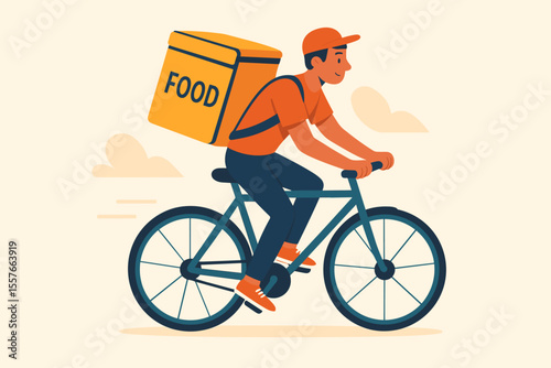 Food delivery service concept with a courier riding a bicycle. Man delivering online food order with a thermal backpack. Express shipping and takeaway meal. Vector cartoon illustration.