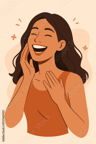 Beautiful young woman laughing with joy and touching her face. Concept of mental health, well-being, and self-love. Happy female character feeling positive emotions. Modern vector illustration.