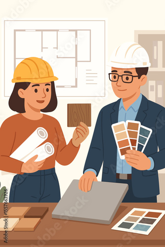 Team of architects and interior designers selecting materials for a new construction project. Man and woman choosing wood, stone, and color swatches. Home renovation and building concept.